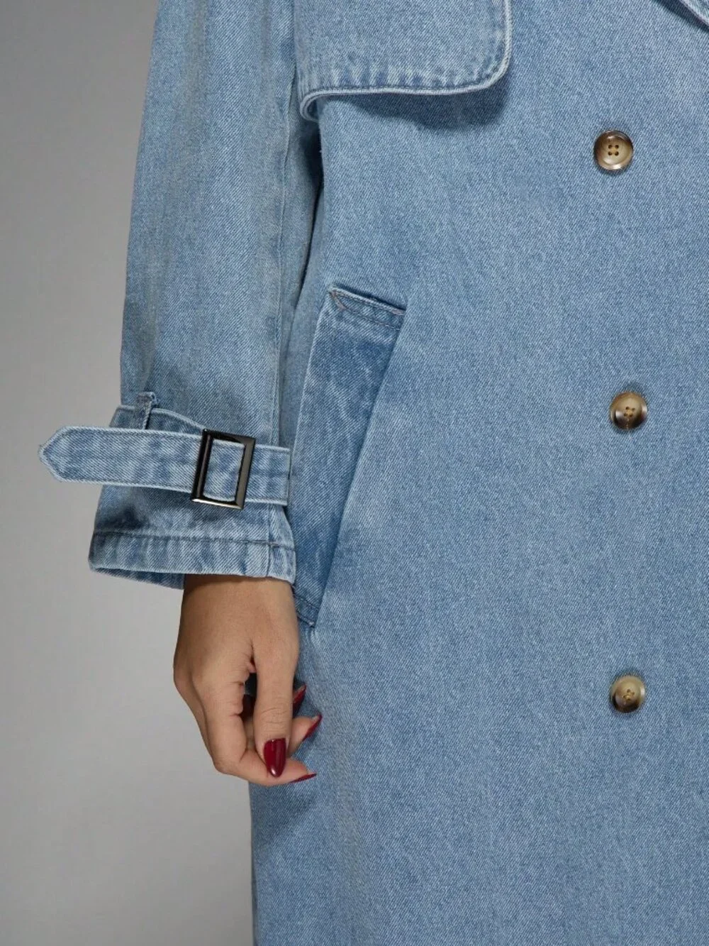 Light Wash Oversized Denim Women's Long Double Breasted Trench Coat - Picture 7 of 7